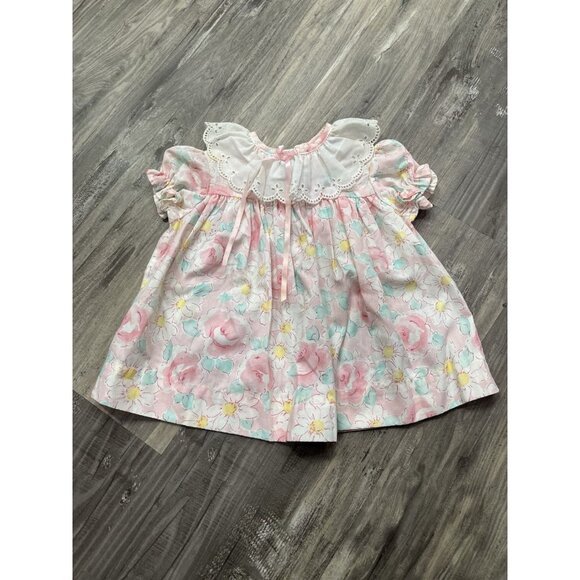 Vintage Girls Dress 12 Months Party Floral Pink Blue Bib Lace Flower 80s 90s - Picture 1 of 8